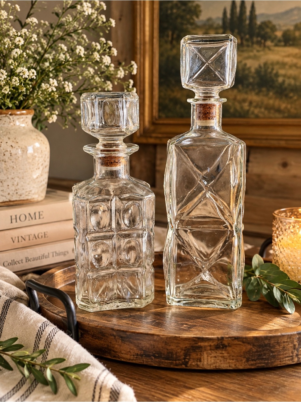 Clear Glass Decorative Decanter with Cork Stopper - Set of 2
